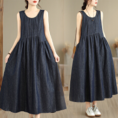 批发实拍复古休闲牛仔连衣裙<b class='q'>女</b>2026年夏季新款慵懒宽松圆领<b class='q'>背心</b>裙长<b class='q'>裙</b>