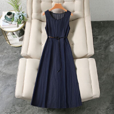 批发仿<b class='q'>牛仔</b>连衣裙收腰新款夏季时尚圆领无袖显瘦系带气质<b class='q'>背心</b>裙子