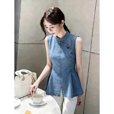 批发中式<b class='q'>牛仔</b>蓝色盘扣衬衫夏季设计时尚立领韩系无袖上衣