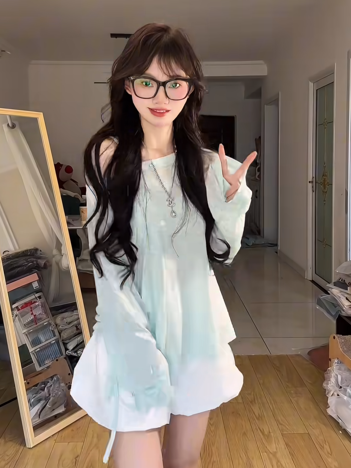 봄 새로운 블라우스 얇고 가벼운 긴팔 자외선 차단 티셔츠 여성 루즈핏 화이트 꽃밭 치마바지 투피스 슈트