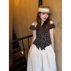 批发韩系复古一字肩格纹<b class='q'>短袖</b>t恤女辣妹性感半身裙两件套装