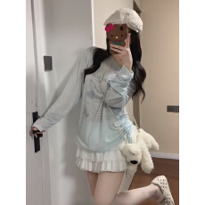 批发涂鸦斜肩<b class='q'>T</b><b class='q'>恤</b>防晒罩衫女薄款宽松长袖百搭上衣