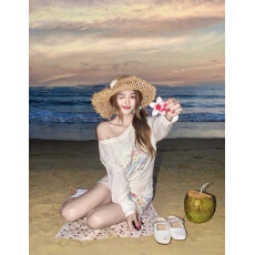 批发慵懒风防晒花朵印花长袖<b class='q'>T</b><b class='q'>恤</b>女宽松圆领上衣松弛感