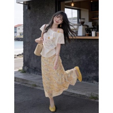 批发白色印花斜肩露肩短袖t恤女设计感<b class='q'>碎花</b>半身裙子两件套装