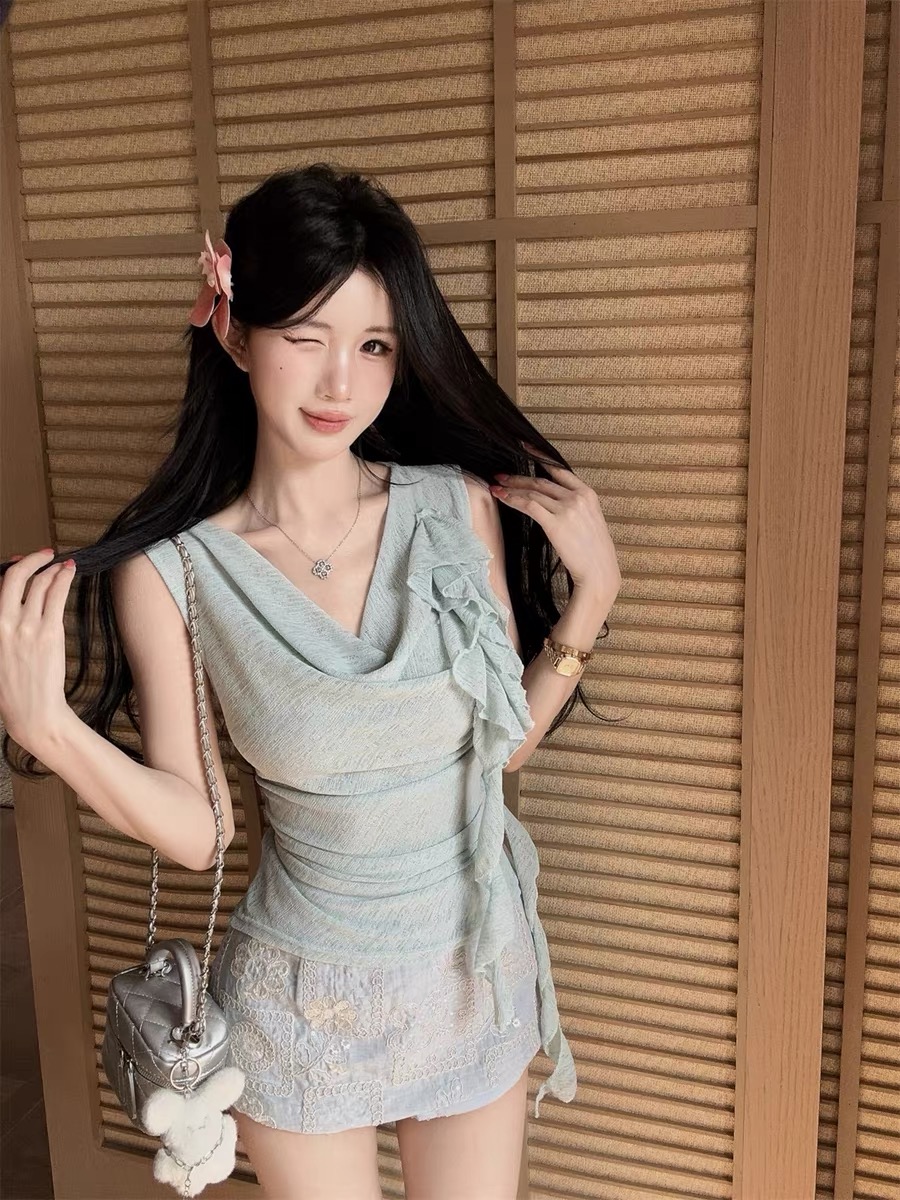 여름 켜기 새로운 불규칙 비스듬한 어깨 흔들다 칼라 캐미솔 외출용 순수한 욕망 핫걸 오프숄더 민소매 작은 맨위