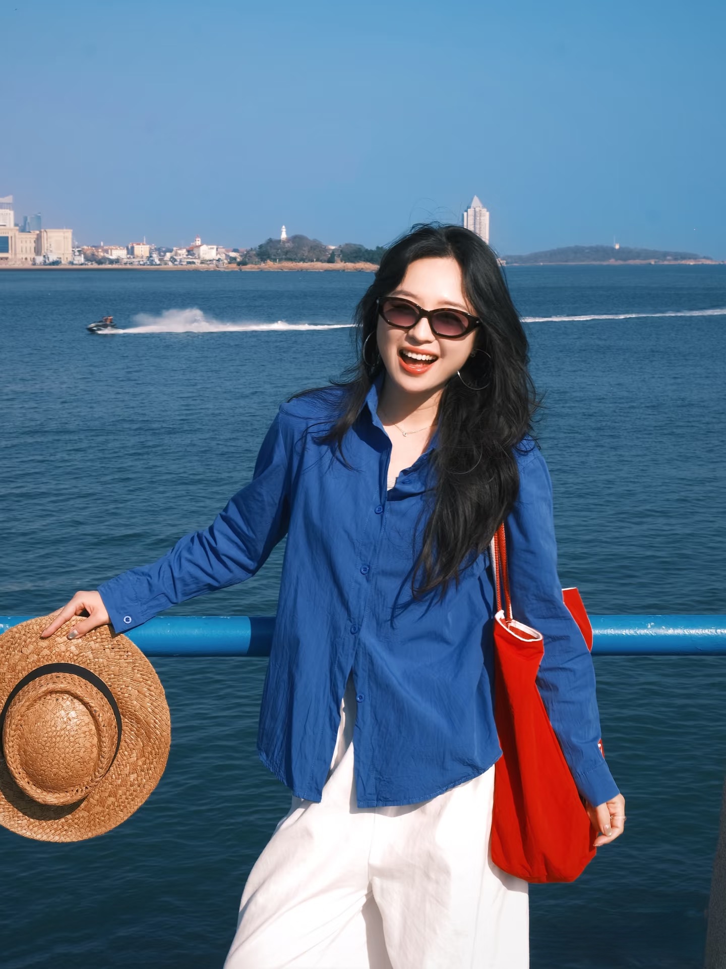 여름 켜기 새로운 톰 글 래 원인 블루 디자인 센스 아주 넓은 폴로 칼라 슬림해 보이는 셔츠 여성 레저 와이드 레그 팬츠 투피스 슈트