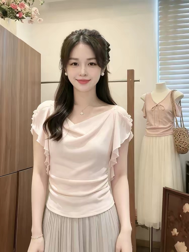 여름 켜기 새로운 품격 연령 감소 부드러운 슬림해 보이는 어둠 플래시 우아한 프릴 소매 디자인 센스 맨위