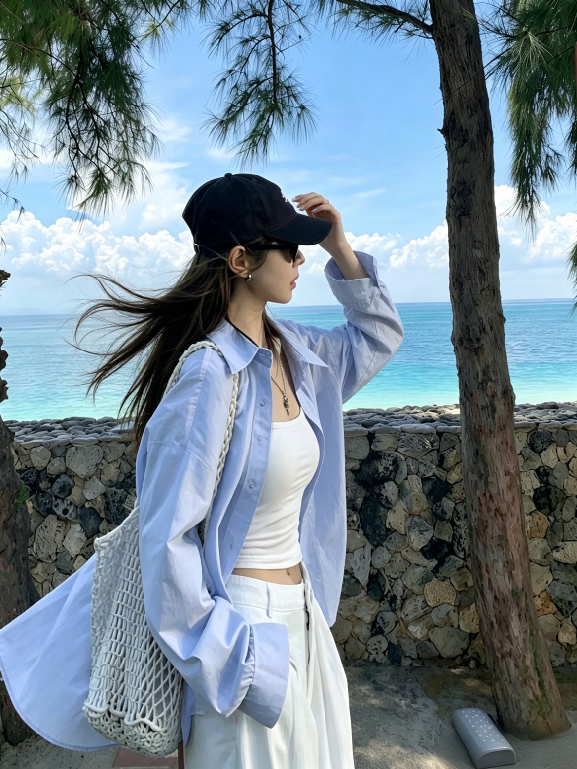 여름 켜기 새로운 루즈핏 느긋한 블라우스 잘 생긴 세련된 센스 한 부서 착용 가져 가라. 와이드 레그 팬츠 세 조각 세트