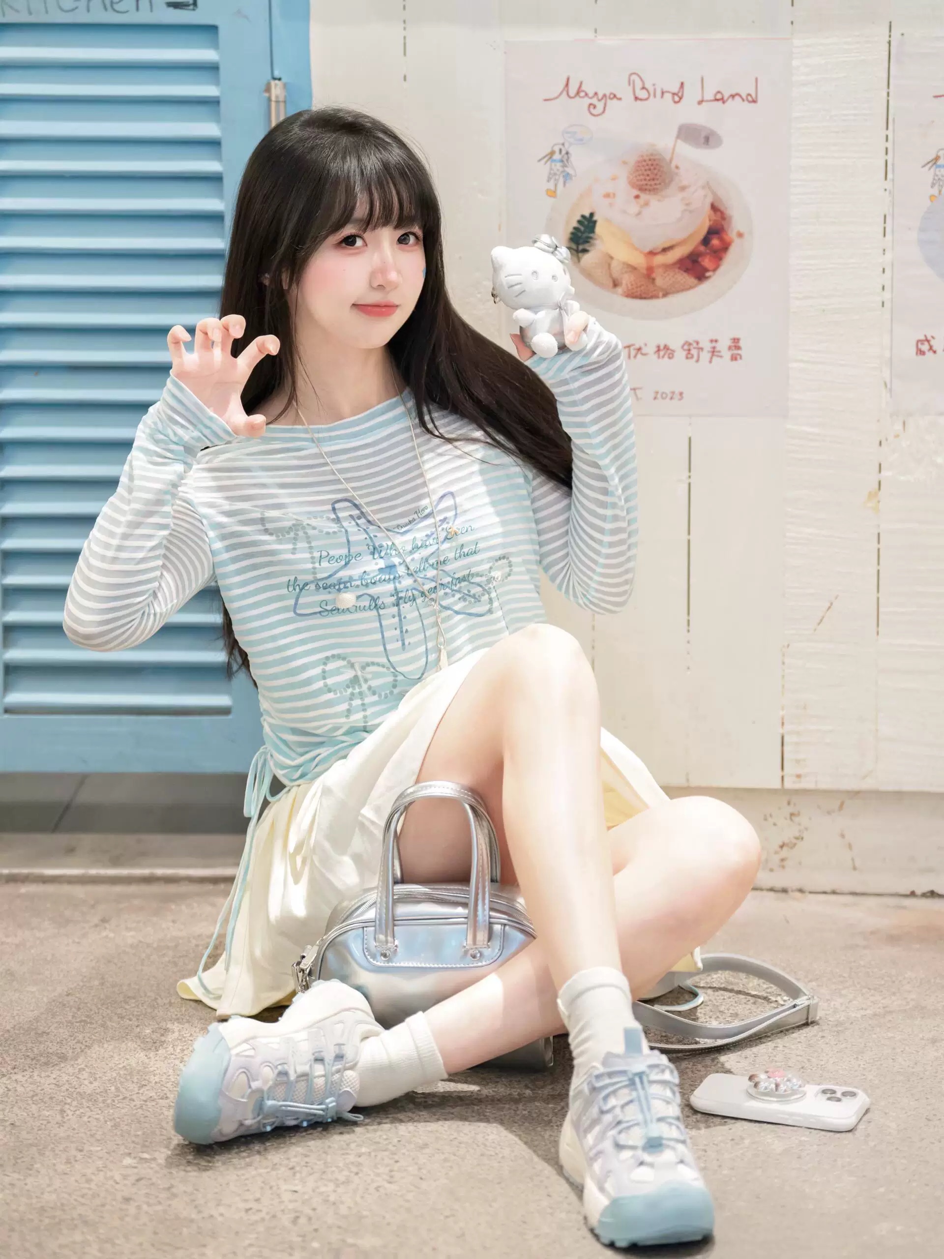 여름 켜기 새로운 한 부서 블루 화이트 스트라이프 나비 매듭 프린트 블라우스 긴팔 티셔츠 여성 펌프 로프 허리 수축 다용도 맨위
