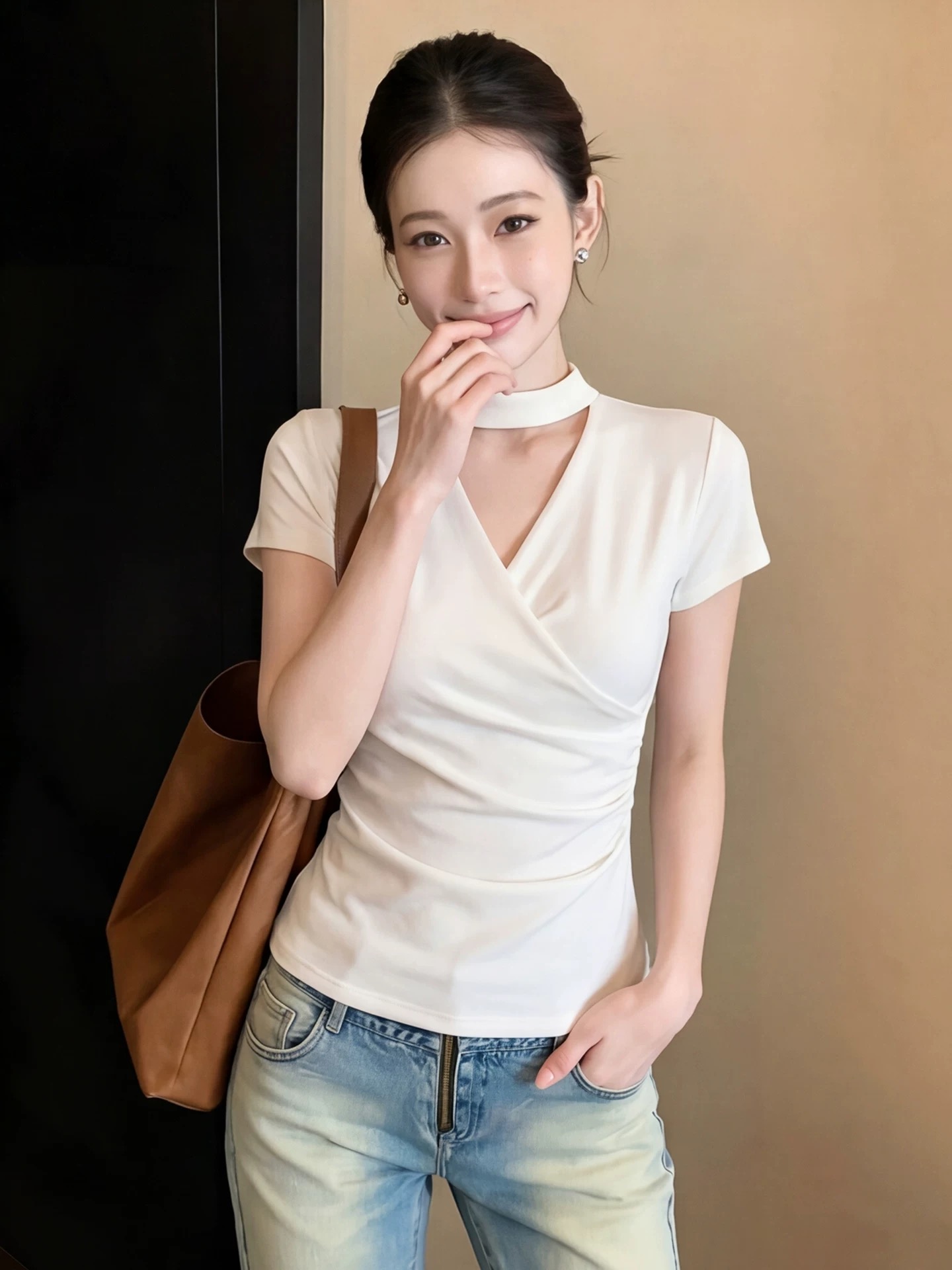 여름 켜기 새로운 원 웨이 여성 품격 십자가 V넥 반팔 티셔츠 여성 디자인 센스 행침 목 몸매 가꾸기 니트 맨위
