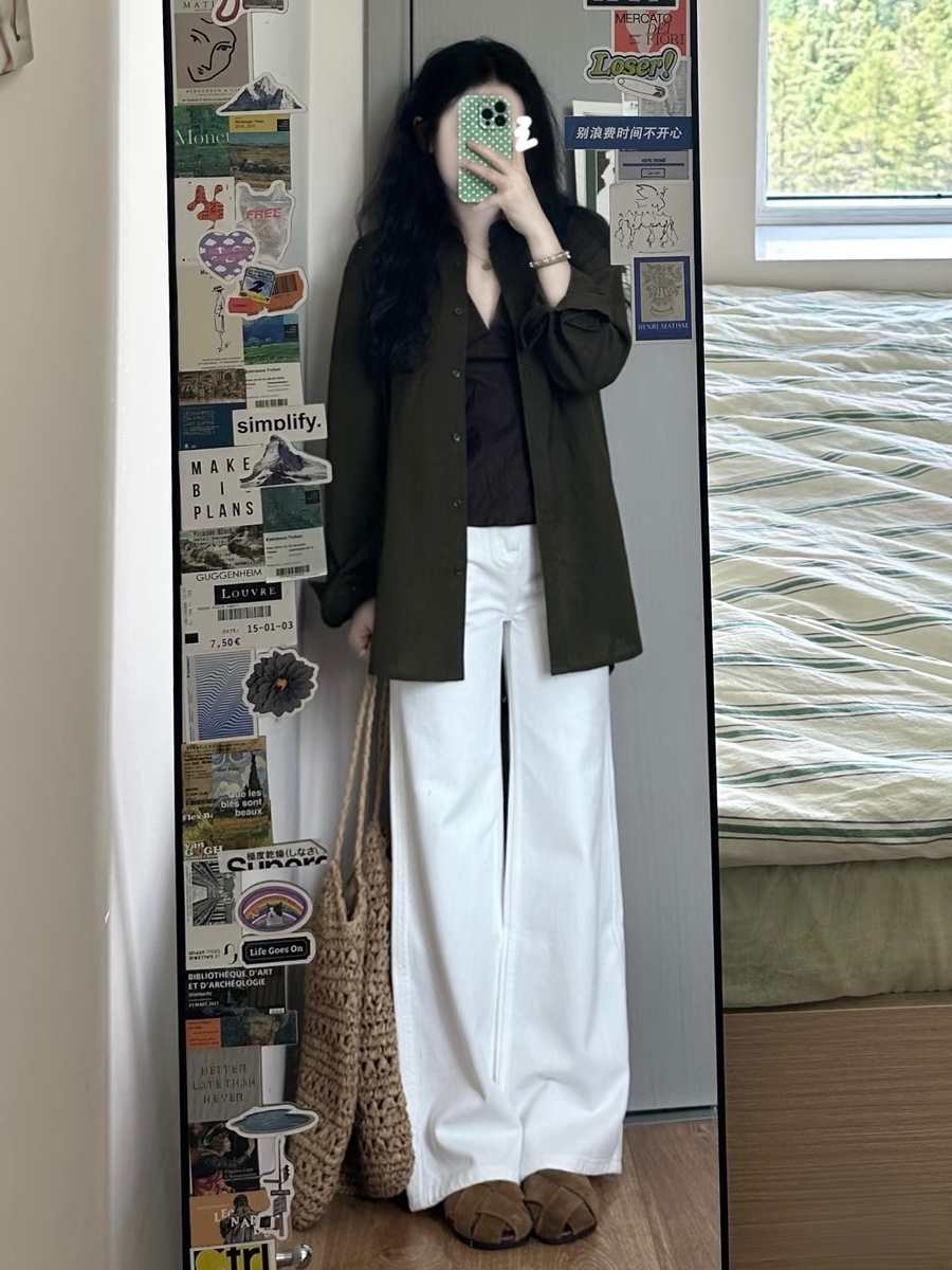 여름 켜기 새로운 여름 루즈핏 긴팔 셔츠 와이드 레그 팬츠 느긋한 바람 슬림해 보이는 도루 센스 캐주얼 세트