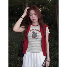 批发韩系条纹印花披肩短袖T恤女夏季休闲阔腿<b class='q'>裤</b><b class='q'>两件套装</b>