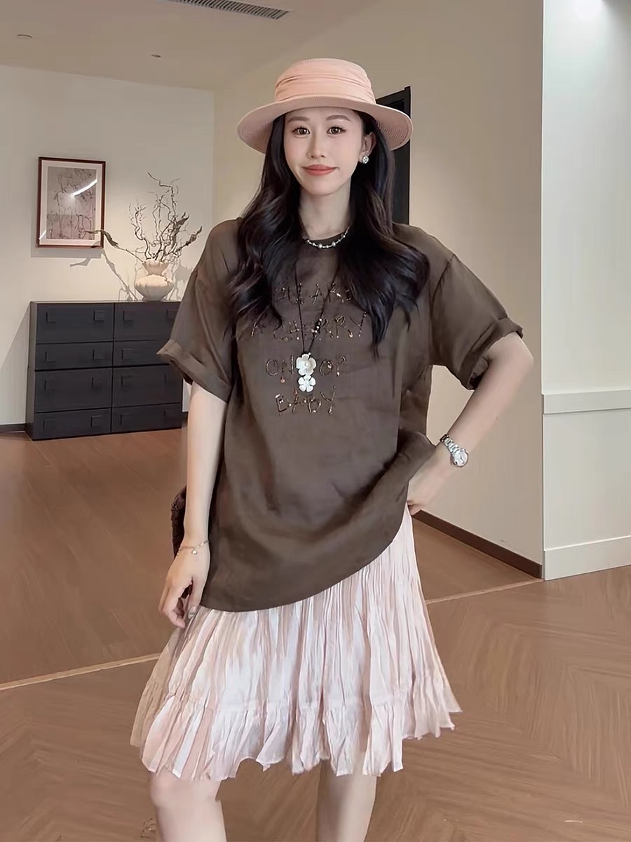 여름 켜기 새로운 여름 세트 여성 인터넷 유명인 튀김 거리 루즈핏 느긋한 바람 반팔 티셔츠 슈퍼 잘 생긴 슬림해 보이는 반신 스커트