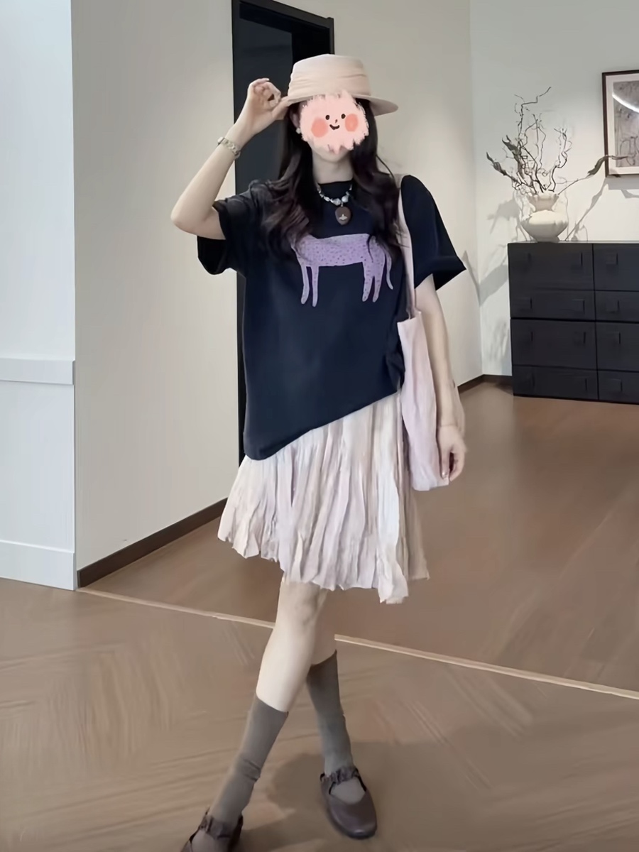 여름 켜기 새로운 여름 패션 다용도 익스트림 제인 바람 캐주얼 프린트 맨위 플리츠 똑똑한 플리츠 반신 치마 세트