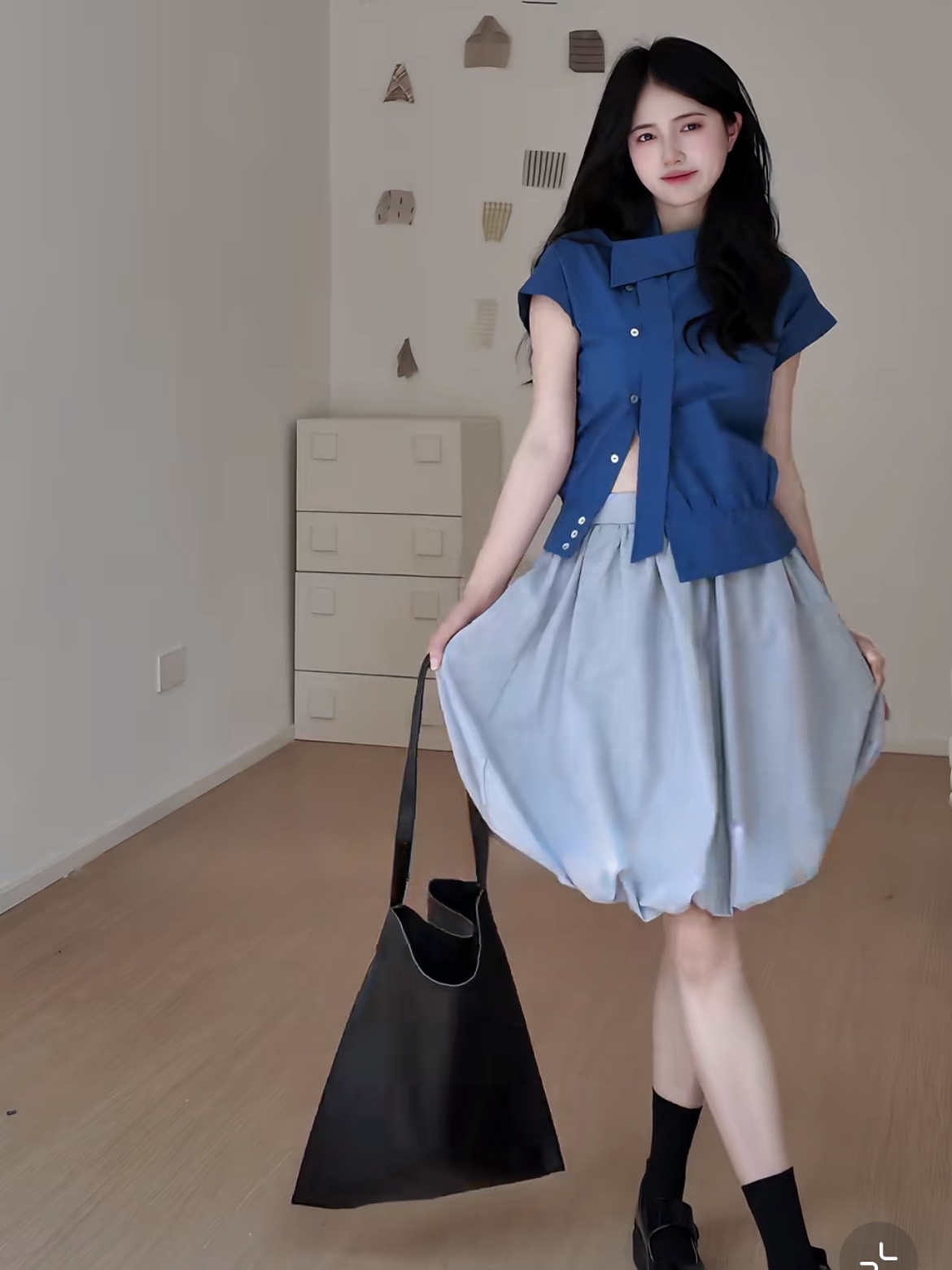 여름 켜기 새로운 불규칙 작은 날다 소매 출퇴근 고유 한 캐주얼 여성 셔츠 연령 감소 다용도 반신 스커트 투피스 슈트