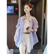 批发紫色<b class='q'>衬衫</b><b class='q'>外套</b>女韩系穿搭休闲背心短裤三件套装