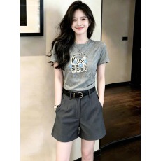 批发韩系趣味可爱猫咪印花<b class='q'>T</b><b class='q'>恤</b>高级感灰色气质短<b class='q'>裤</b>两件套<b class='q'>装</b>