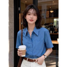 批发通勤风蓝色短袖<b class='q'>衬衫</b>女夏显瘦设计感小众气质百搭<b class='q'>职业</b>上衣