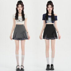 批发实拍2026年春季<b class='q'>格子</b>拼接开叉JK<b class='q'>西装</b>半身裙女复古时尚高腰A字短裙