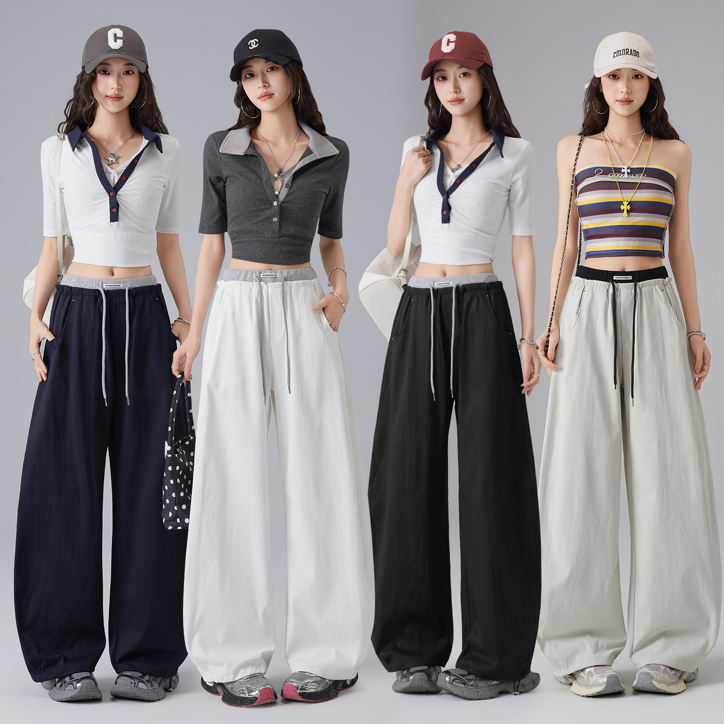 아메리칸 운동 바지 아이들 봄 패치워크 하이웨이스트 도루 센스 와이드 레그 팬츠 스트레이트 루즈핏 캐주얼 모통이 칼 바지