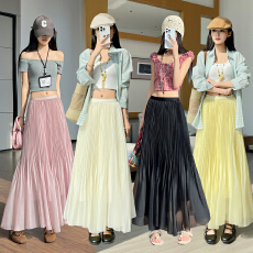 批发2026春夏网纱鱼尾裙女高腰垂感显瘦A字光泽感蓬蓬飘逸百褶半身裙