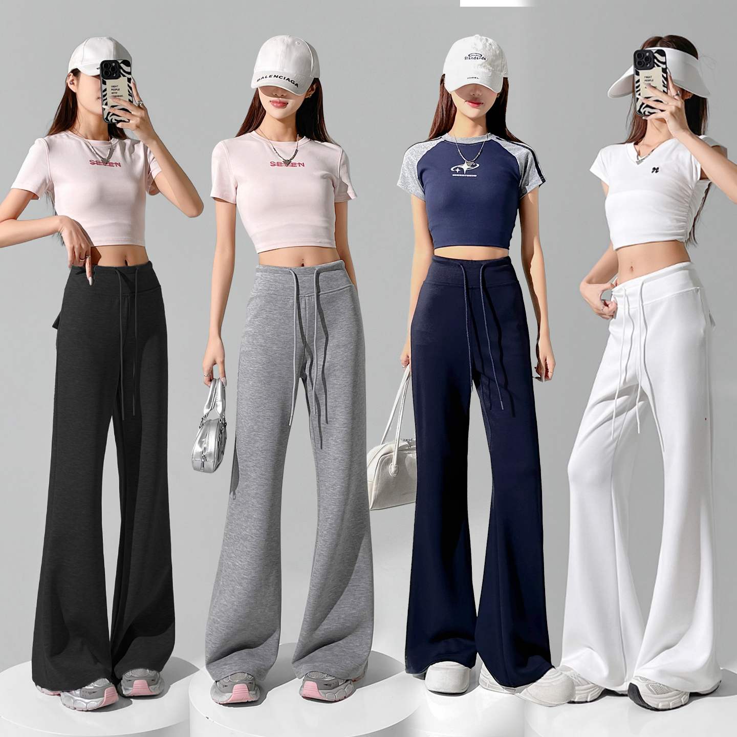 2026 여름 얇은 스타일 부츠컷 운동 바지 여성 하이웨이스트 슬림해 보이는 캐주얼 바지 얼음 실크 바닥 청소 바지 여성