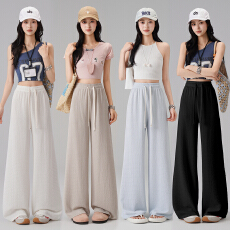 批发天丝泡芙阔腿裤<b class='q'>女</b>夏季薄款垂感高腰宽松休闲拖地冰丝防晒裤子