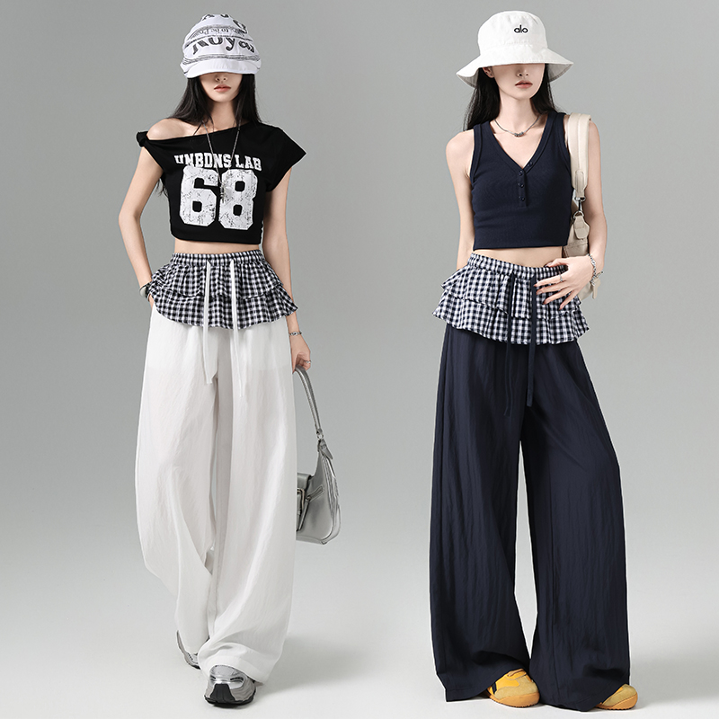 실사 2026 여름 얇은 스타일 주간 실크 면 린넨 캐주얼 와이드 레그 팬츠 체크무늬 패치워크 방귀 커튼 한국 스타일 슬림해 보이는 와이드 레그 팬츠