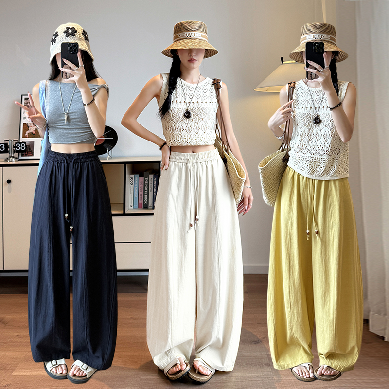 아마 모통이 칼 와이드 레깅스 바지 여름 얇은 스타일 2026 새로운 오래된 돈 바람 스트레이트 얼음 실크 면 린넨 바지