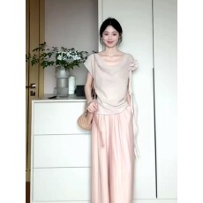 批发清纯系松弛感高端气质独特超好看小香风杏色荡领衬衫阔腿裤套装<b class='q'>夏</b>