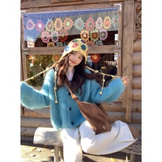 批发超显白~湖蓝色水貂绒加厚慵懒风宽松短款针织<b class='q'>开衫</b>V领毛衣女外套