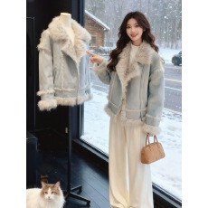批发蓝色皮毛一体羊羔毛外套<b class='q'>女装</b>2025冬季新款加绒加厚保暖巨好看上衣