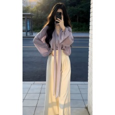 批发气质一整套ootd穿搭法式慵懒风紫色长袖衬衫阔腿<b class='q'>裤</b><b class='q'>两件套装</b>2026春