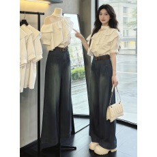 批发韩系一整套ootd穿搭气质高级感巨好看斜肩衬衫阔腿<b class='q'>裤</b><b class='q'>两件套装</b>26夏