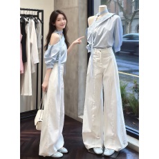 批发气质一整套ootd穿搭法式慵懒风紫色长袖衬衫阔腿裤两件套装2026春