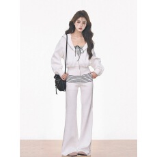 批发抹胸+条纹微喇裤+慵懒风设计感小众卫衣外套女春季新款保暖三件套
