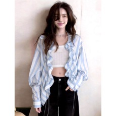 批发浅蓝色条纹荷叶边翻领长袖衬衫女款2026新款<b class='q'>春</b>装轻奢减龄法式上衣