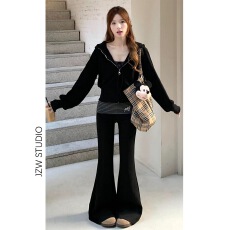 批发抹胸+条纹微喇裤+慵懒风设计感小众卫衣外套女春季新款保暖三件套