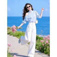 批发法式高级感简约斜肩飘带设计感衬衫(含飘带)+直筒<b class='q'>休闲裤</b>两件套潮