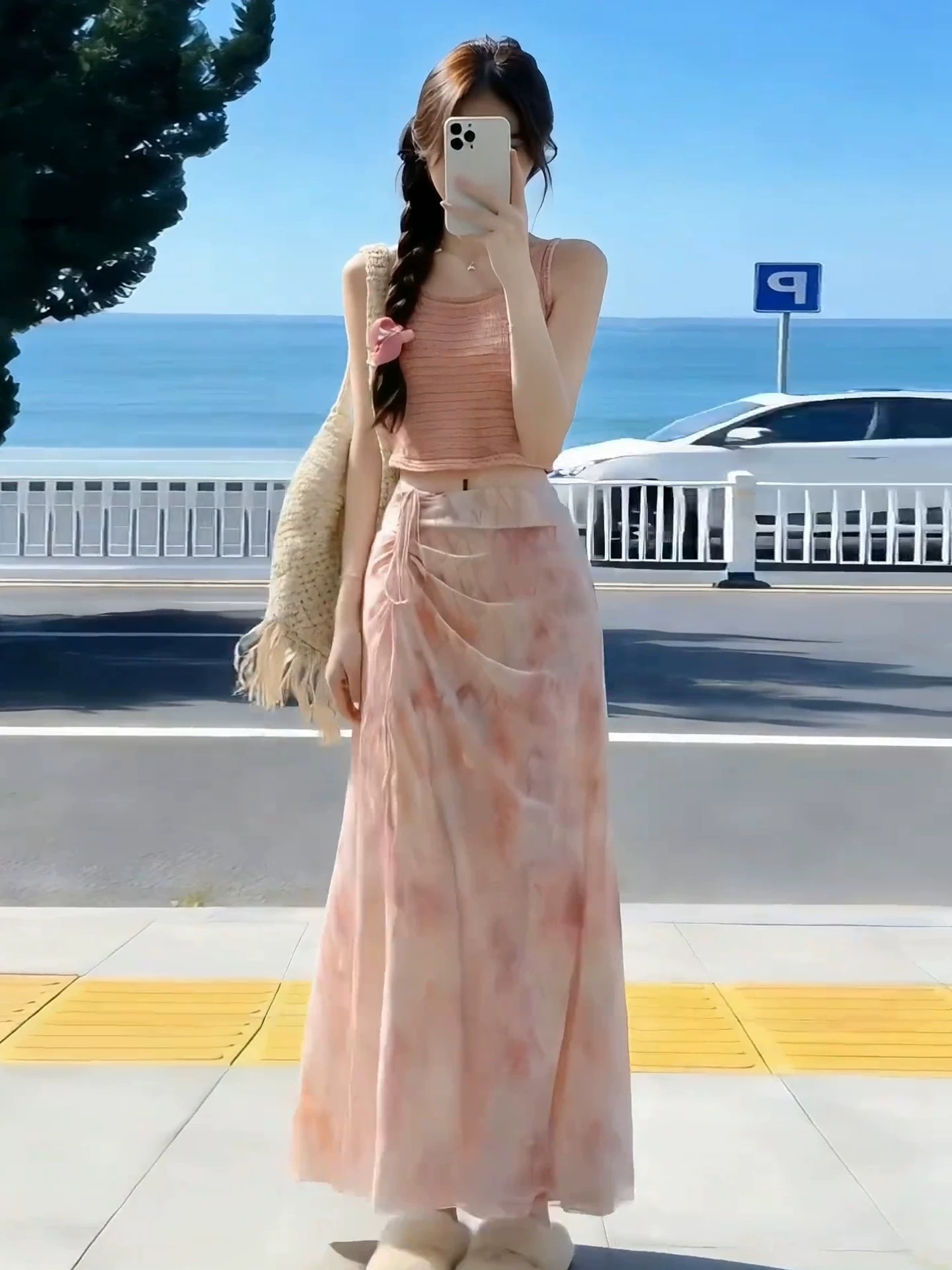 2026 새로운 도파민 밝은 착용 가져 가라. 드레스 아이들 여름 핑크색 슬립 맨위 반신 롱 스커트 세트