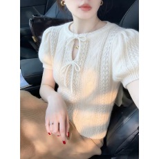 批发韩系白色蝴蝶结系带<b class='q'>针织</b>短袖T恤女夏季小香风显瘦短款泡泡袖上衣