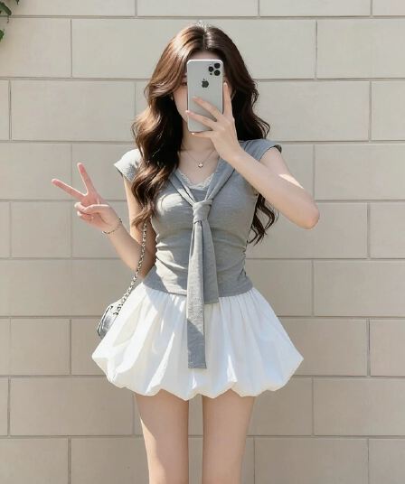 회색 Feifei 소매 숄 칼라 레이스 측면 펌프 Pleat 티셔츠 여성 2026 여름 한 부서 달콤함 소녀 꼬집기 허리 위로 의류