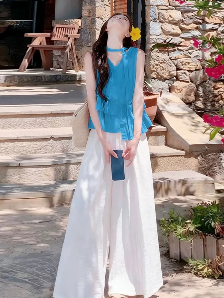 불규칙 프릴 달콤함 민소매 셔츠 캐주얼 와이드 레깅스 바지 2026 여름 새로운 패션 세트