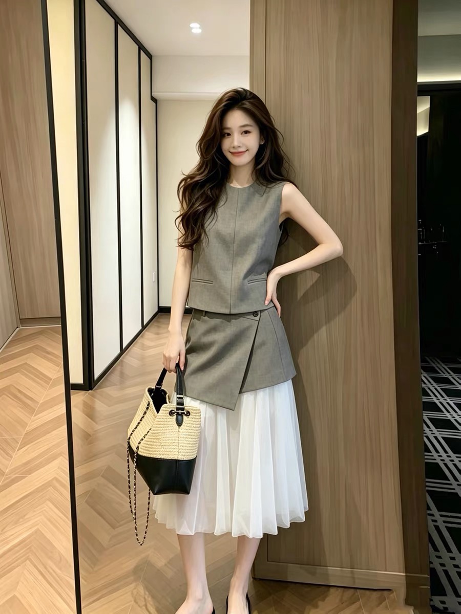 직장 출퇴근 오래된 돈 바람 한 부서 착용 가져 가라. 품격 고급 센스 민소매 베스트 반신 스커트 투피스 슈트 여성 여름