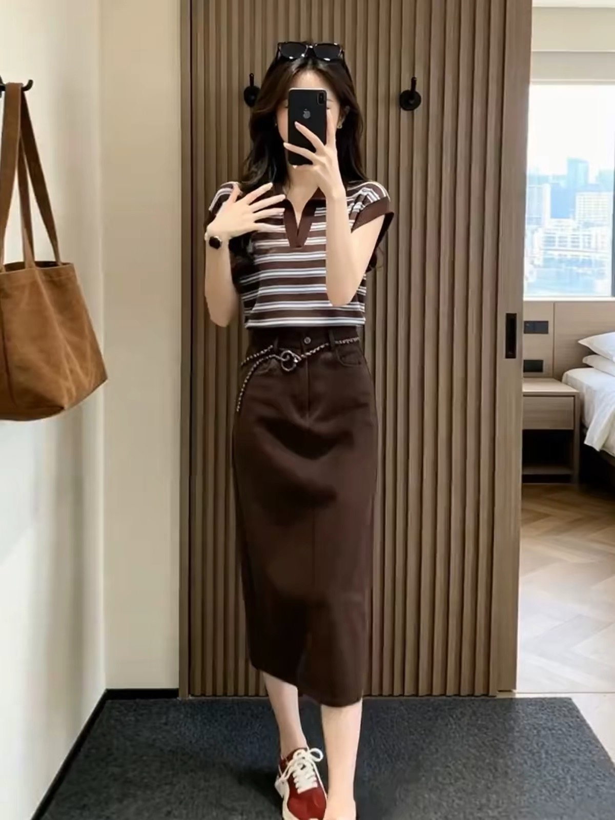 BY28319# 巨好看韩系穿搭咖色条纹套装连衣裙子女夏季新款爆款漂亮长裙 服裝批發女裝批發服飾貨源