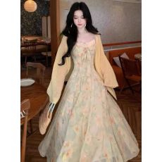 批发黄色针织开衫<b class='q'>吊带</b>裙套装女秋季大码胖mm法式甜美减龄初恋裙两件套