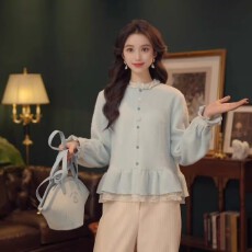 批发大码超好看蕾丝拼接荷叶边下摆衬衫女2026春季厚款巨显瘦百搭上衣