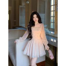 批发大码女装胖mm法式方领蝴蝶结网纱连衣裙2026春季气质<b class='q'>甜美</b>减龄短裙