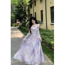 批发胖mm大码女装绝美氛围感普罗旺斯紫色晕染收腰荷叶边吊带连衣裙子