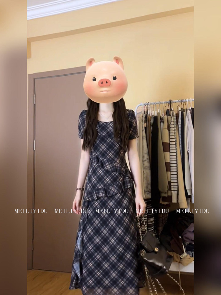 프랑스식 품격 광장 칼라 레트로 체크무늬 허리 수축 여성 드레스 여름 빅 사이즈 지방 mm 프릴 불규칙 롱 스커트